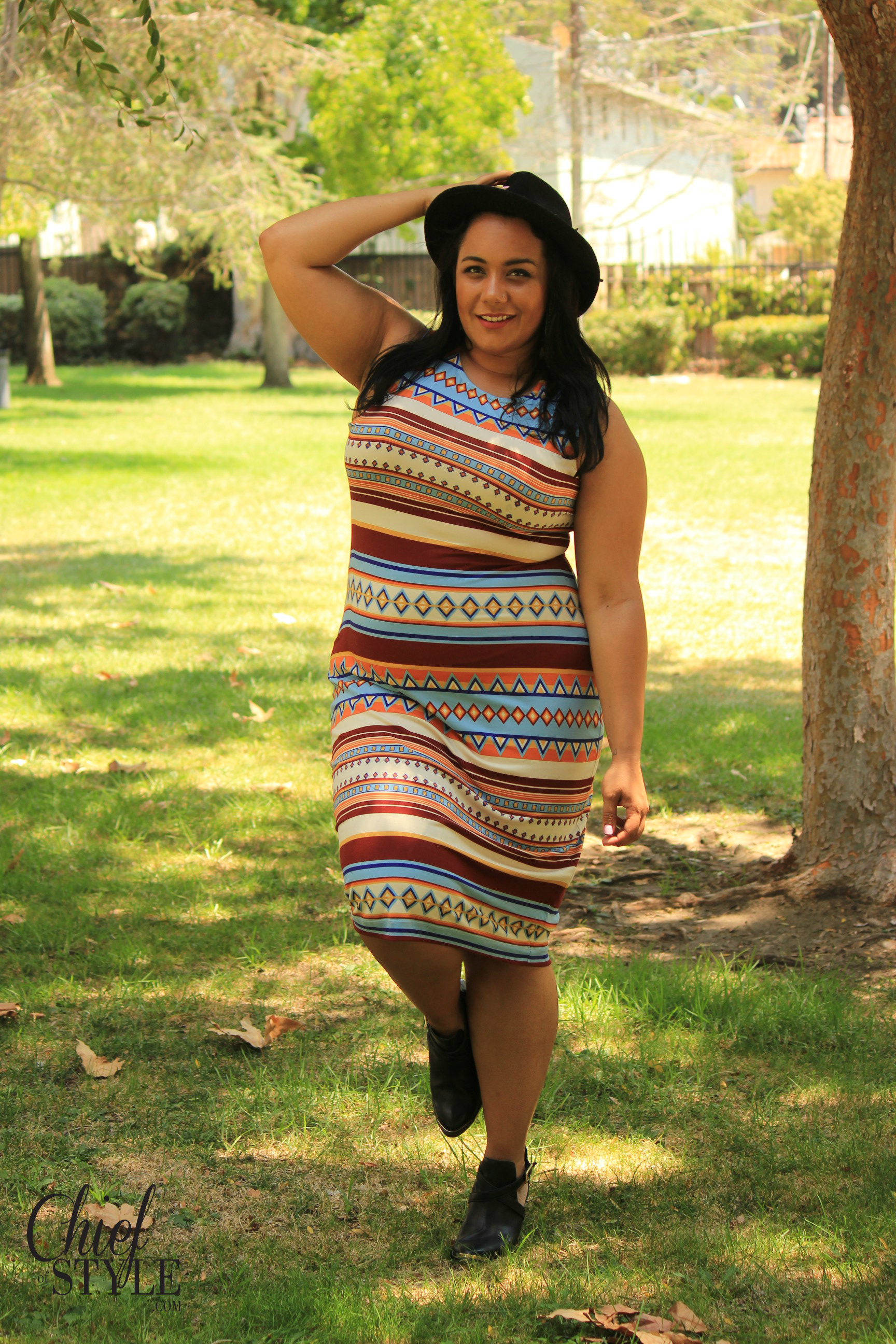 Amy Stretten wearing Native American fashion designer, Bethany Yellowtail's, original designs